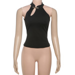Chic Mandarin Collar Frog Button Solid Color Fitted Sleeveless Tank Top