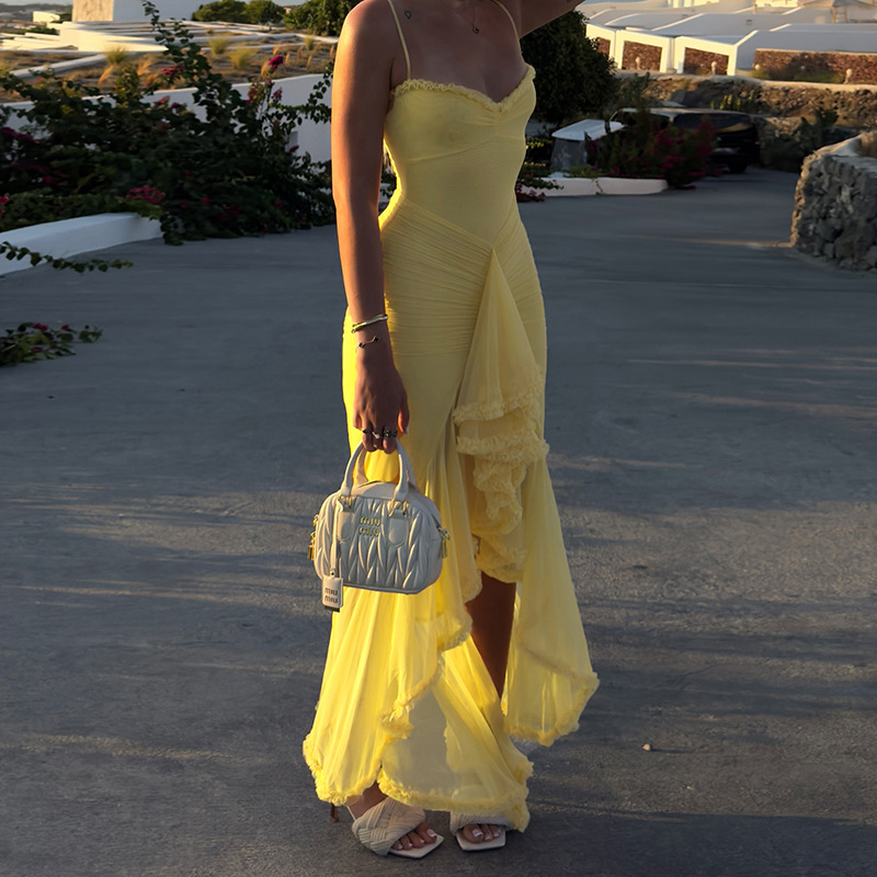 Elegant Sexy Backless Chiffon Spaghetti Strap Maxi Dress