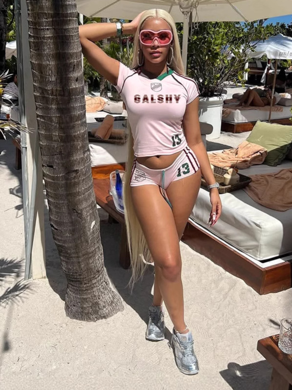 Fashionable Casual Print Crew Neck Short Sleeve T-Shirt & Drawstring Ultra-Shorts 2-Piece Set