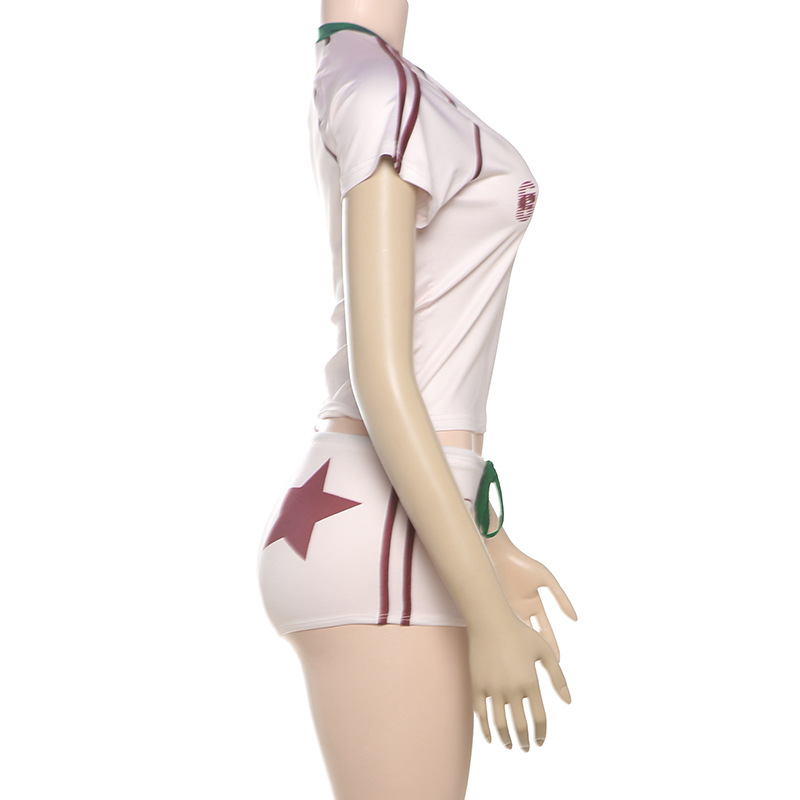 Fashionable Casual Print Crew Neck Short Sleeve T-Shirt & Drawstring Ultra-Shorts 2-Piece Set