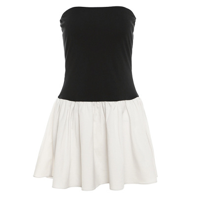 Fashionable Sweetheart Neck Contrast Color Panel Pleated Bodycon Midi Dress 01
