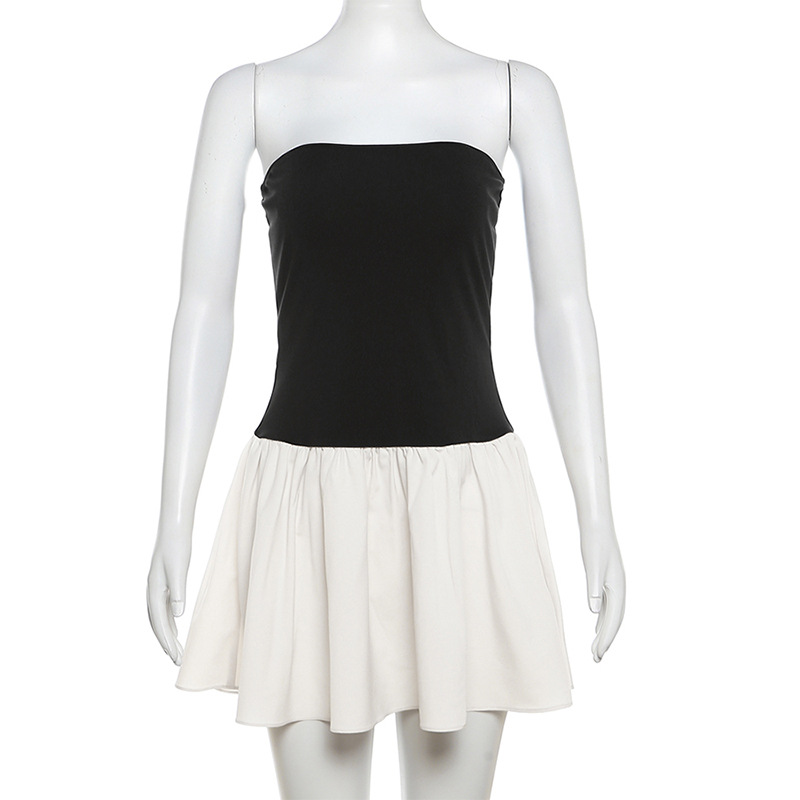 Fashionable Sweetheart Neck Contrast Color Panel Pleated Bodycon Midi Dress