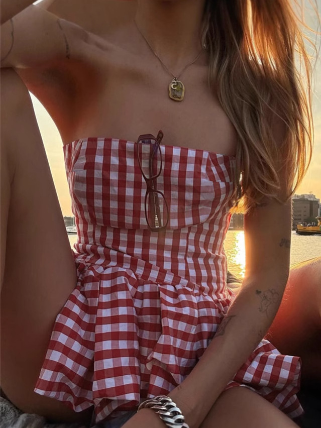 French Pure & Seductive Plaid Ruffled Bustier Crop Top