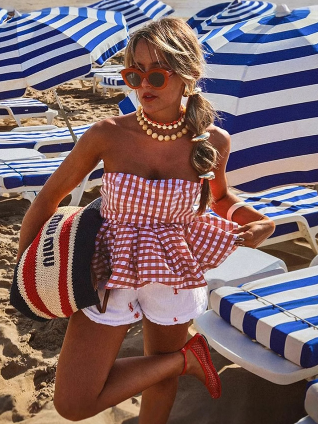 French Pure & Seductive Plaid Ruffled Bustier Crop Top