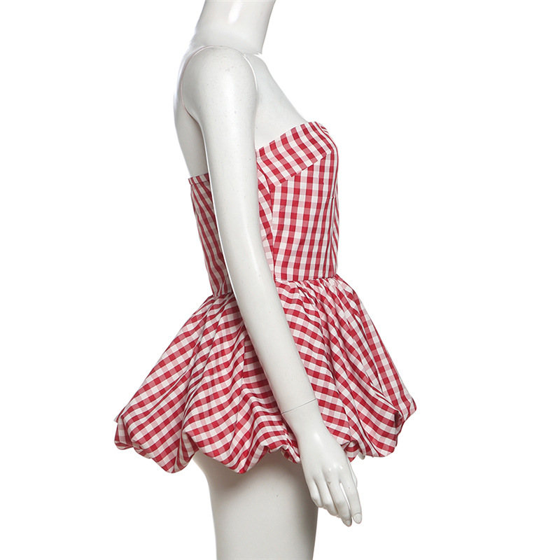 French Pure & Seductive Plaid Ruffled Bustier Crop Top