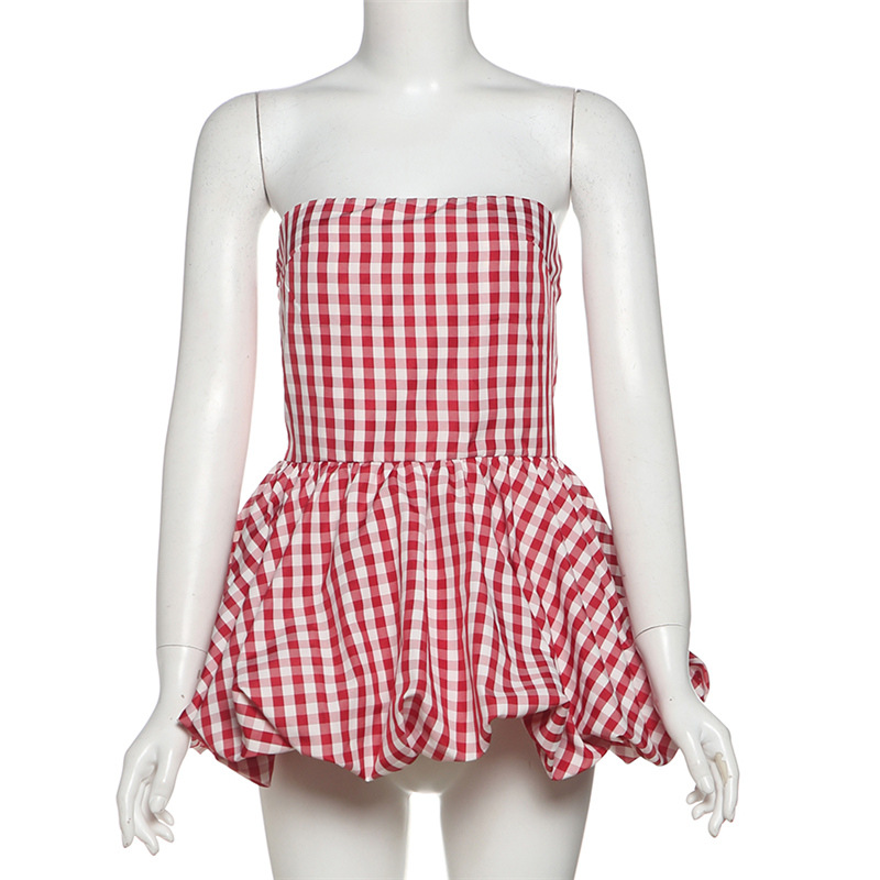 French Pure & Seductive Plaid Ruffled Bustier Crop Top