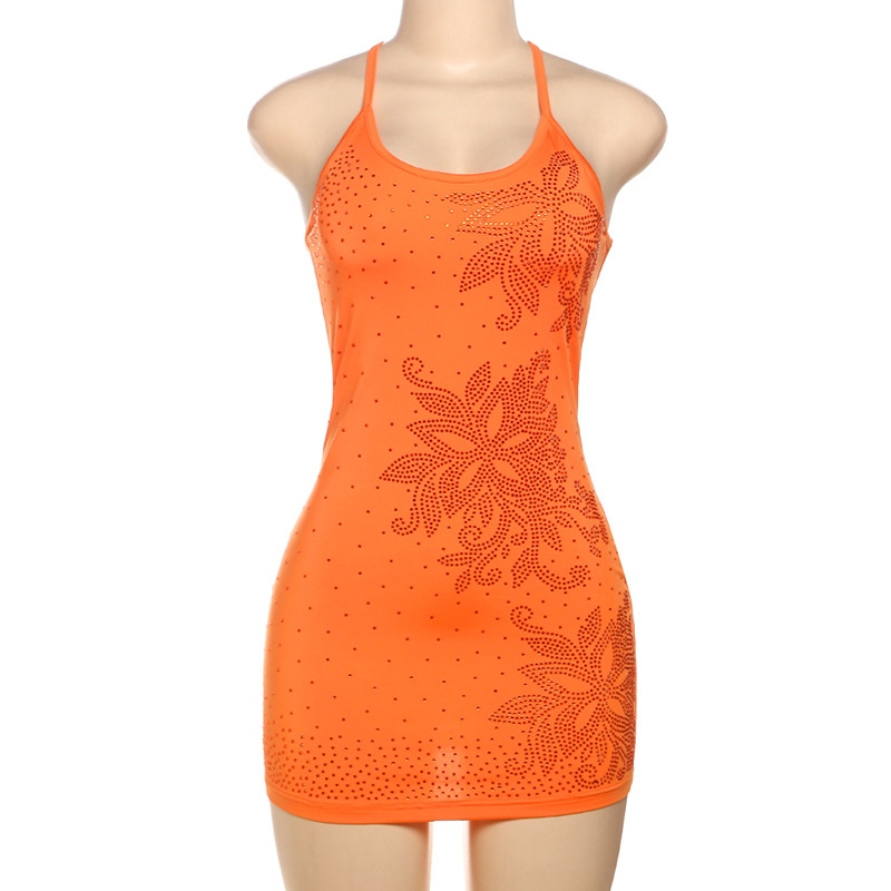 Sexy Fashion U-Neck Rhinestone Backless Bodycon Slip Dress