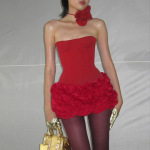 Elegant Strapless Evening Gown with 3D Floral Appliqués & Textured Fabric