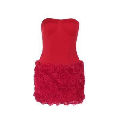 Elegant Strapless Evening Gown with 3D Floral Appliqués & Textured Fabric 01