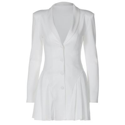 Solid Color Deep V-Neck Blazer Collar Open Front Ruffle Mini Dress 01