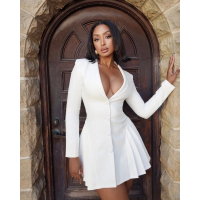 Solid Color Deep V-Neck Blazer Collar Open Front Ruffle Mini Dress 02