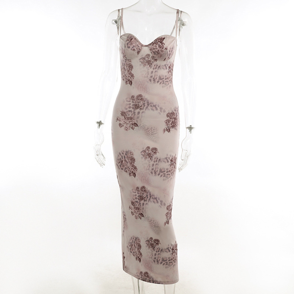 Spaghetti Strap Floral Print Bodycon Maxi Dress