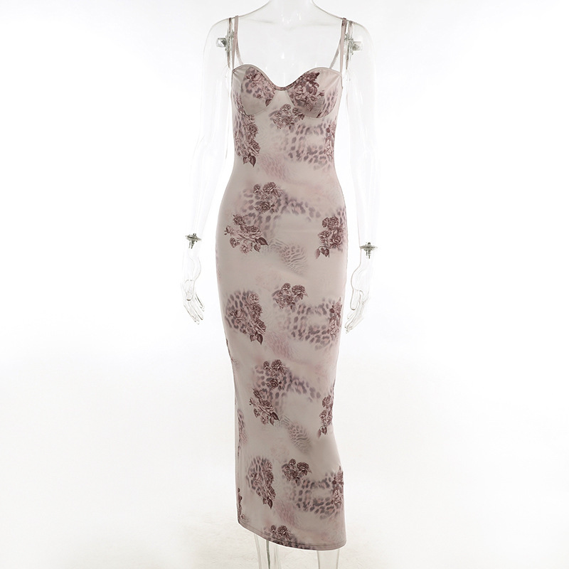 Spaghetti Strap Floral Print Bodycon Maxi Dress