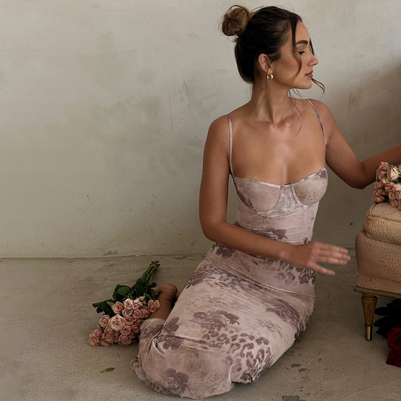 Spaghetti Strap Floral Print Bodycon Maxi Dress
