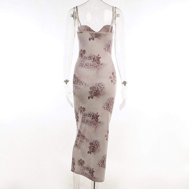 Spaghetti Strap Floral Print Bodycon Maxi Dress