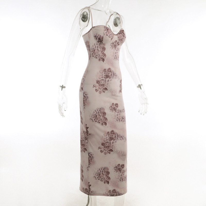 Spaghetti Strap Floral Print Bodycon Maxi Dress