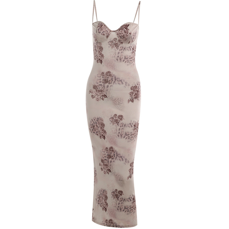 Spaghetti Strap Floral Print Bodycon Maxi Dress