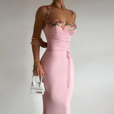 Summer New Sexy Bodycon Maxi Dress with Built-in Cups & Appliqué 02