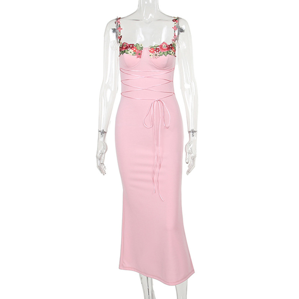 Summer New Sexy Bodycon Maxi Dress with Built-in Cups & Appliqué
