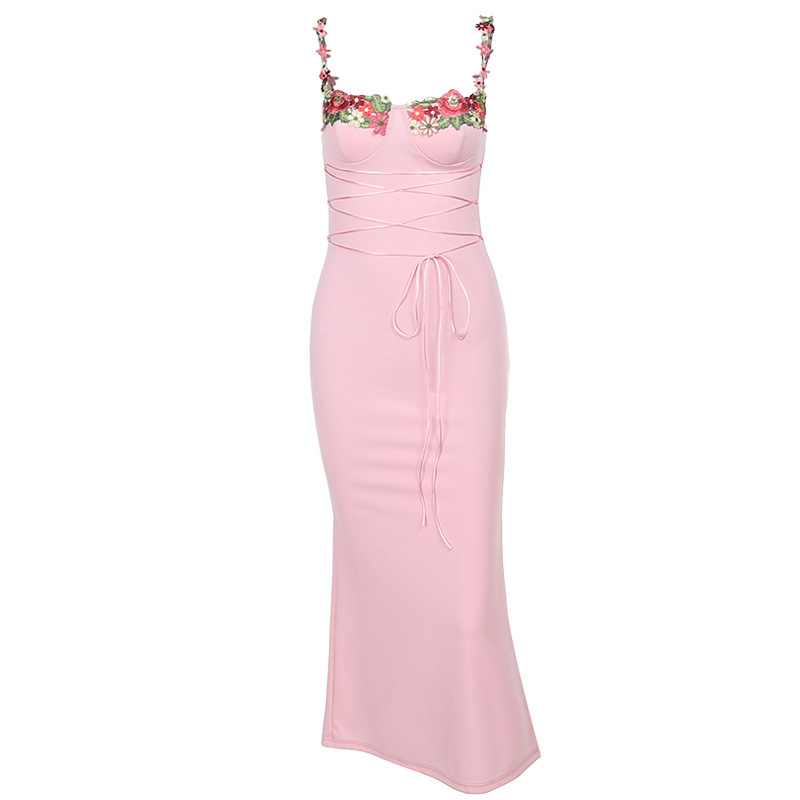 Summer New Sexy Bodycon Maxi Dress with Built-in Cups & Appliqué