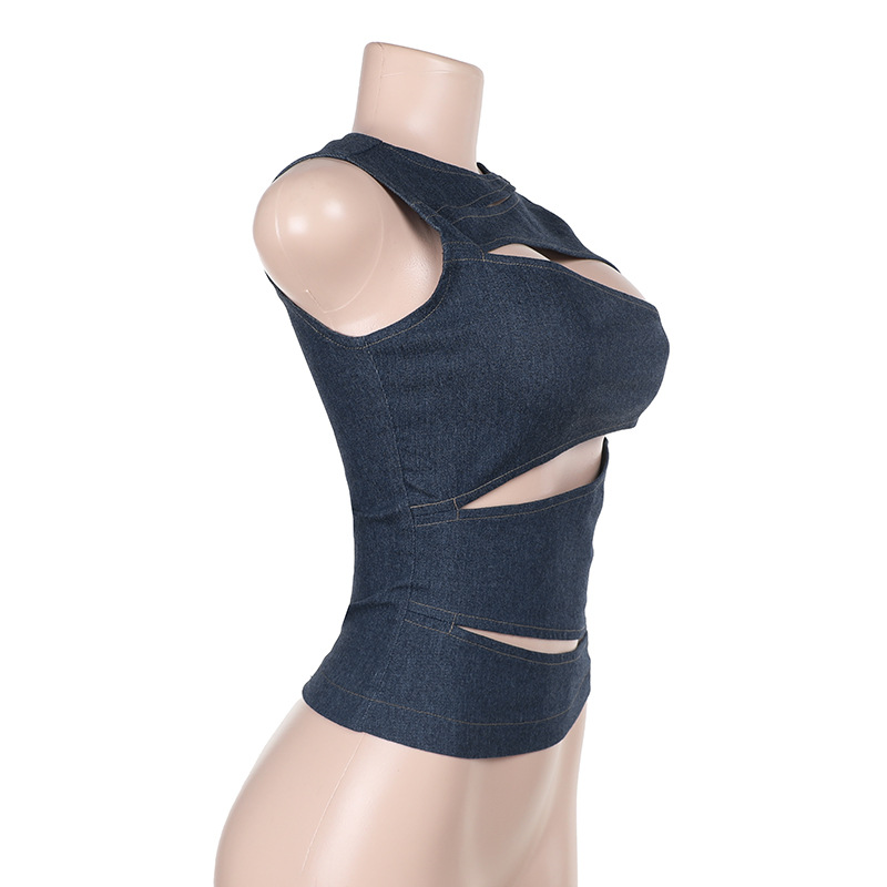 Y2K Faux Denim Cutout Crop Top