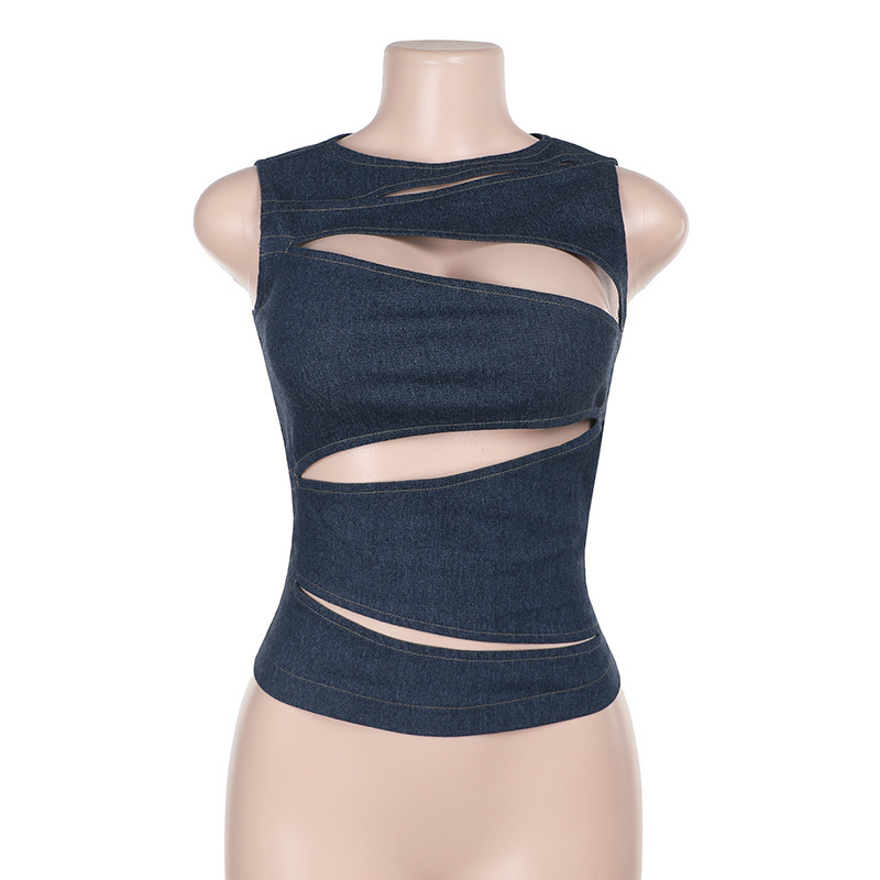 Y2K Faux Denim Cutout Crop Top
