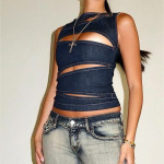 Y2K Faux Denim Cutout Crop Top