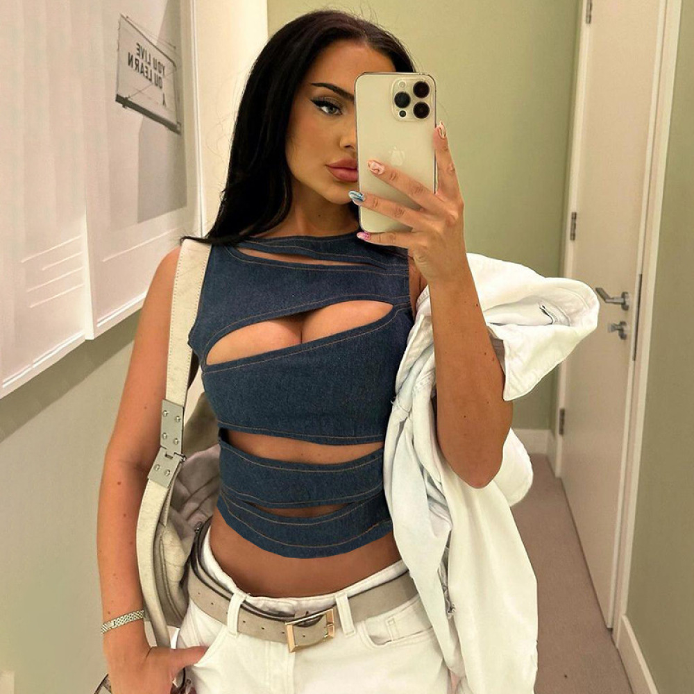 Y2K Faux Denim Cutout Crop Top