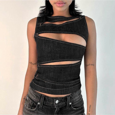 Y2K Faux Denim Cutout Crop Top 02
