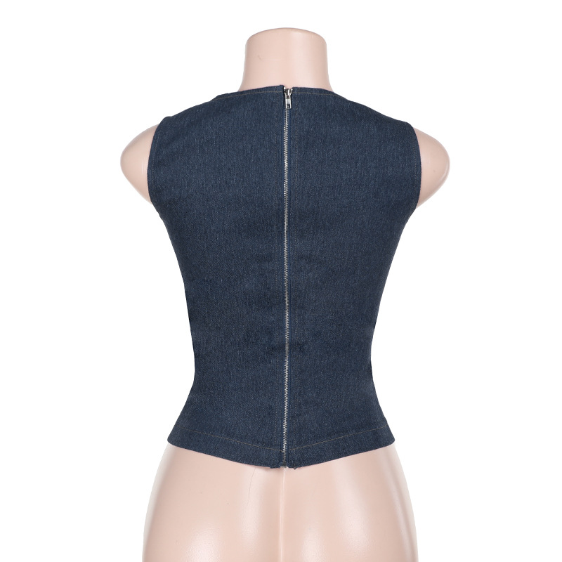 Y2K Faux Denim Cutout Crop Top