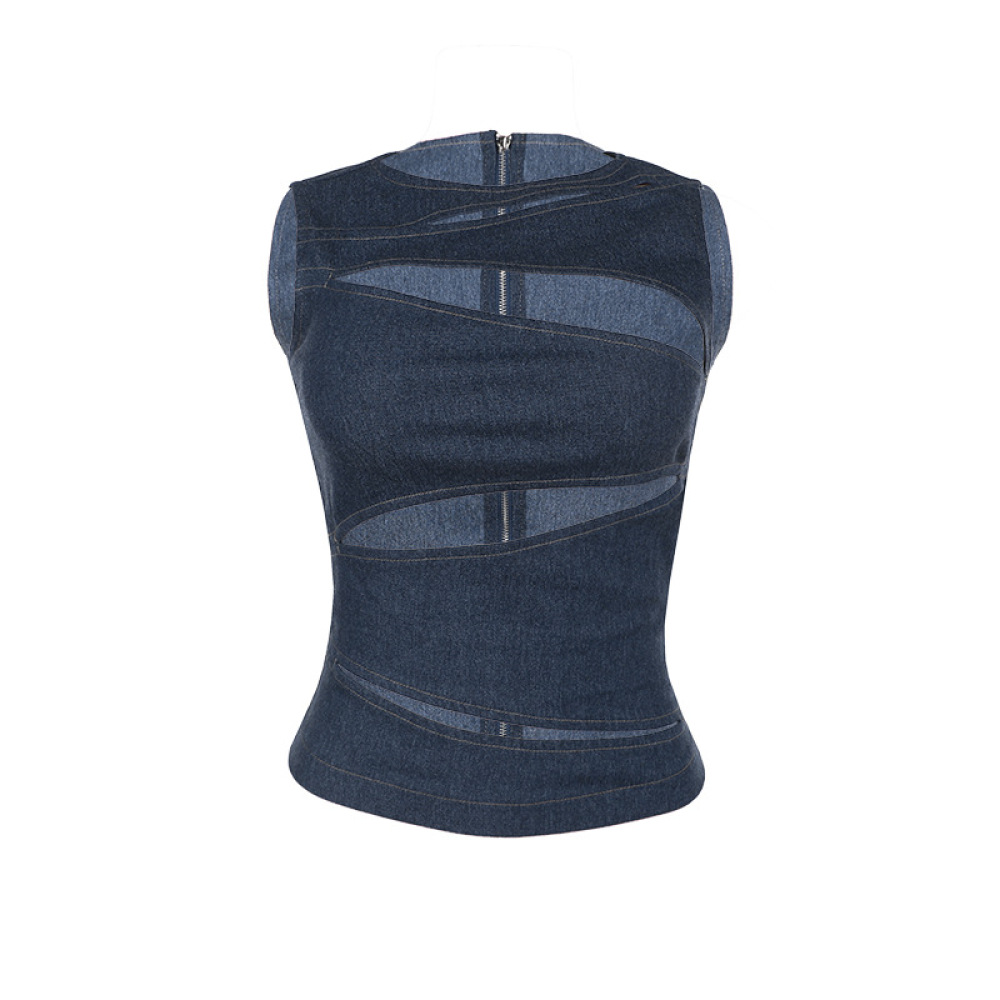 Y2K Faux Denim Cutout Crop Top