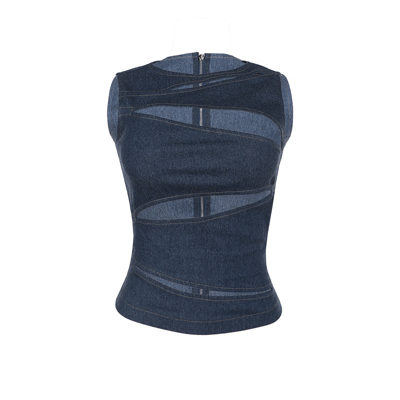 Y2K Faux Denim Cutout Crop Top