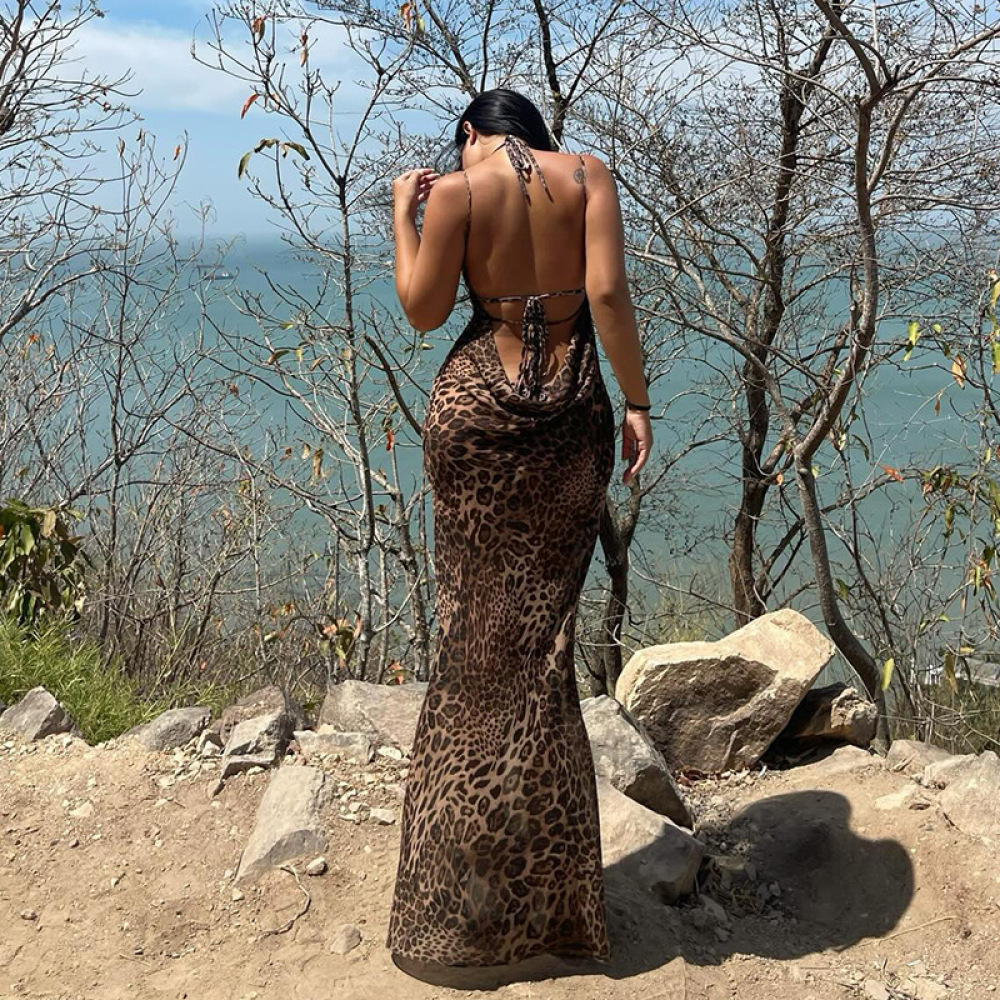 Halter Neck Leopard Print Backless Maxi Dress
