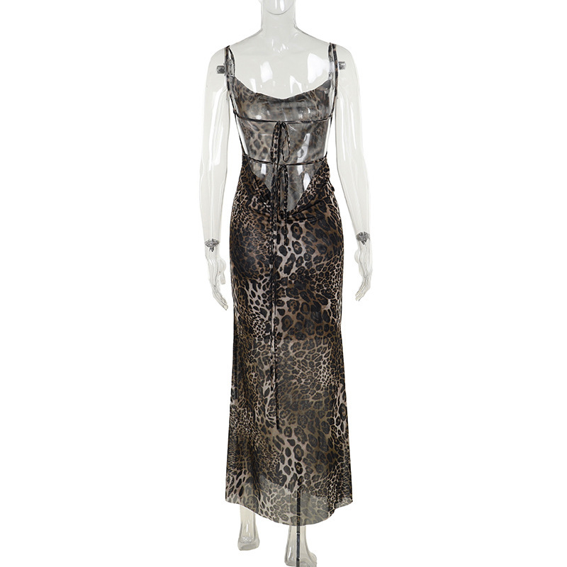 Halter Neck Leopard Print Backless Maxi Dress