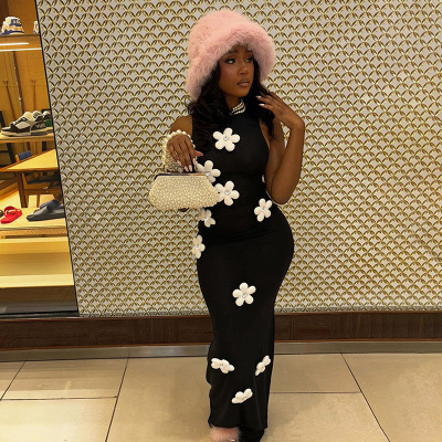 Floral Print High Neck Long Dress – Women's Elegant A-Line Maxi Dress 02