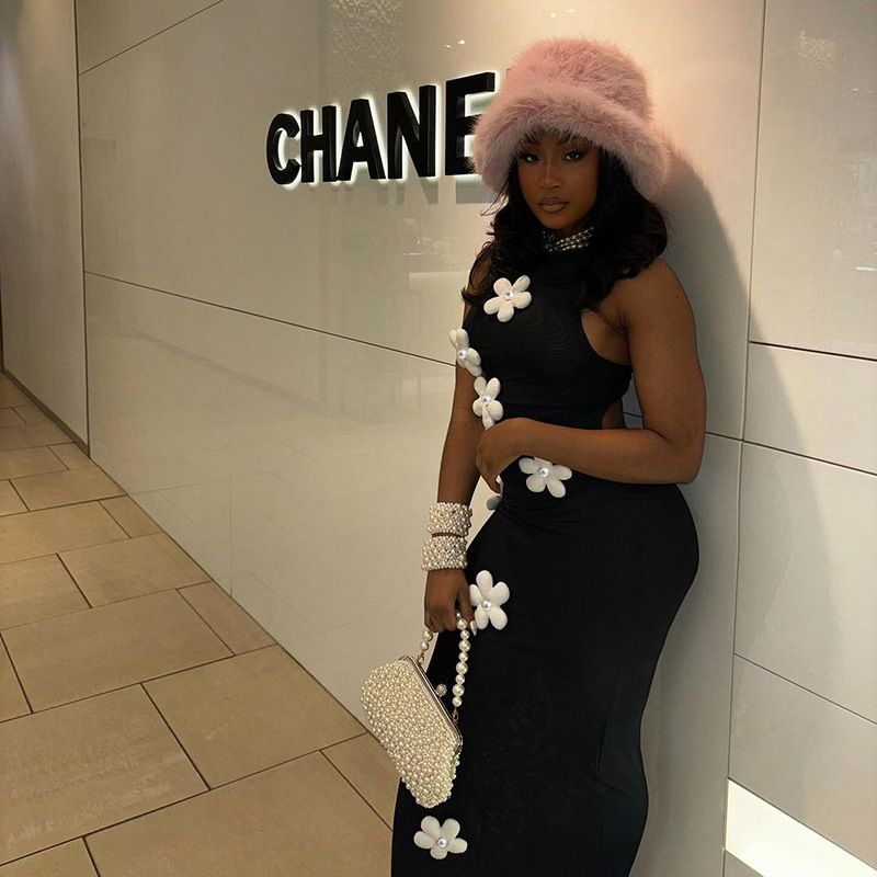 Floral Print High Neck Long Dress – Women's Elegant A-Line Maxi Dress