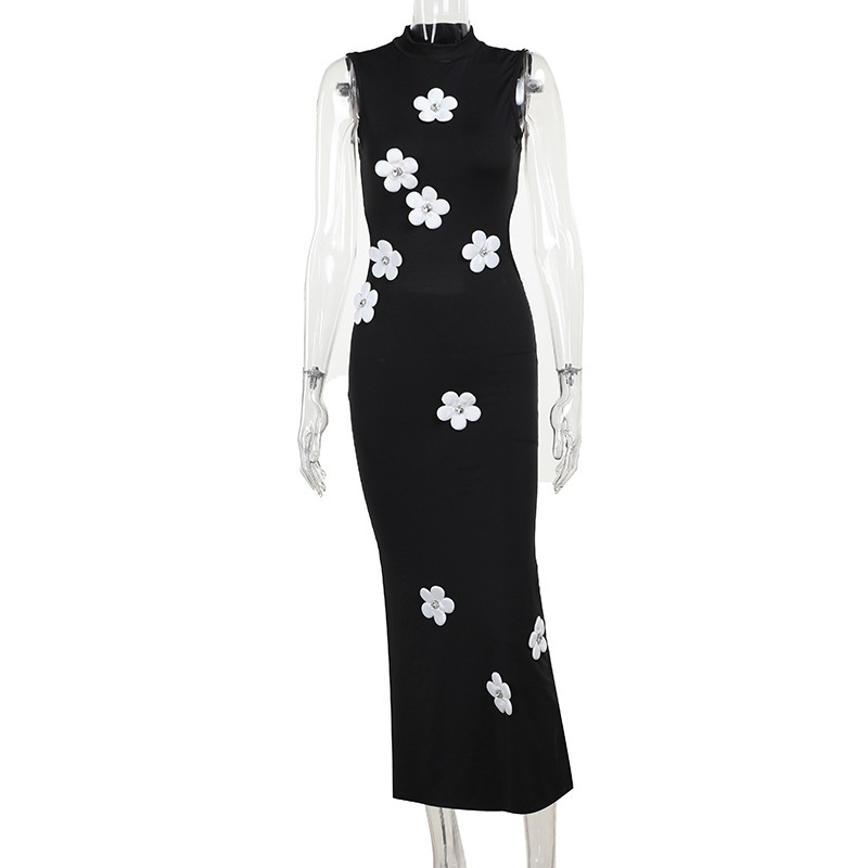Floral Print High Neck Long Dress – Women's Elegant A-Line Maxi Dress