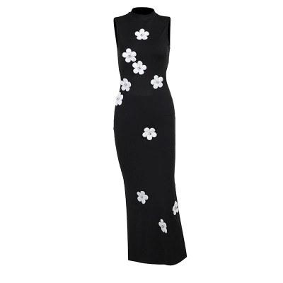 Floral Print High Neck Long Dress – Women's Elegant A-Line Maxi Dress 01