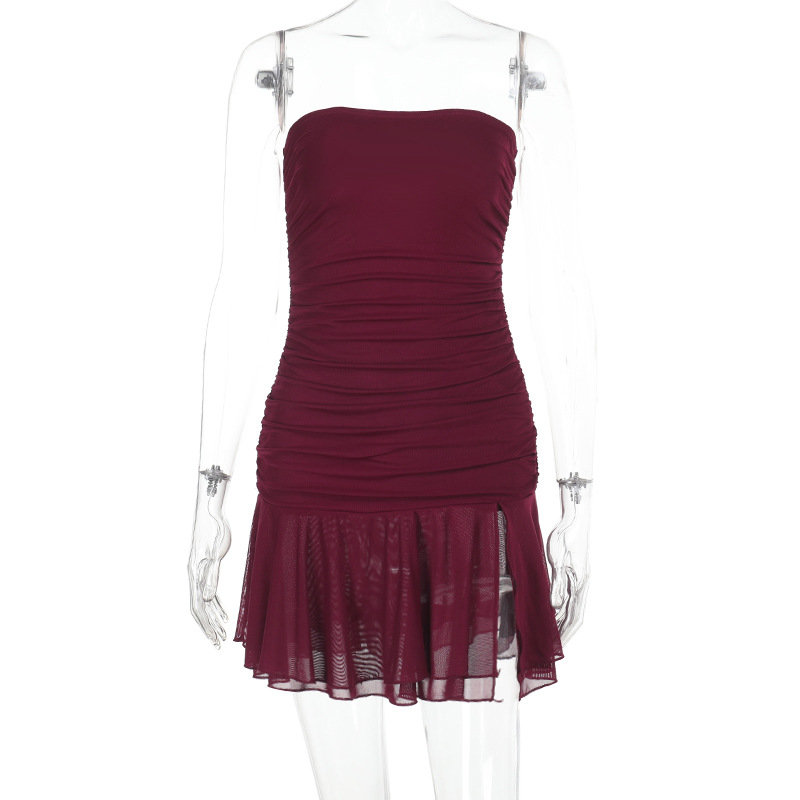 Deep V-Neck Mesh Tube Mini Dress