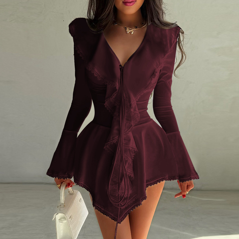 Women's Ruffle Long Sleeve Mini Dress Fall New Sexy Bodycon A-Line Dress