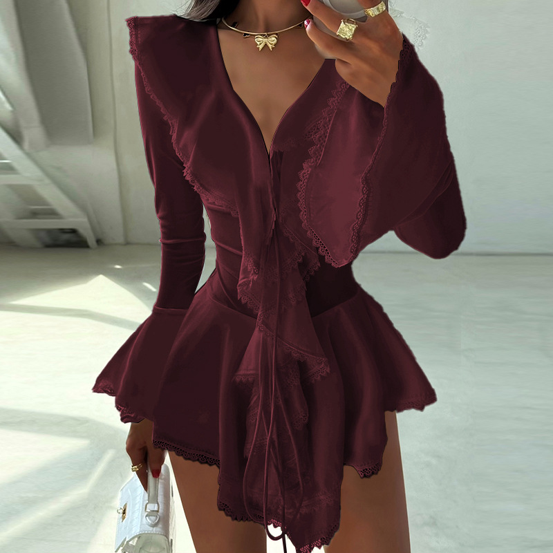Women's Ruffle Long Sleeve Mini Dress Fall New Sexy Bodycon A-Line Dress