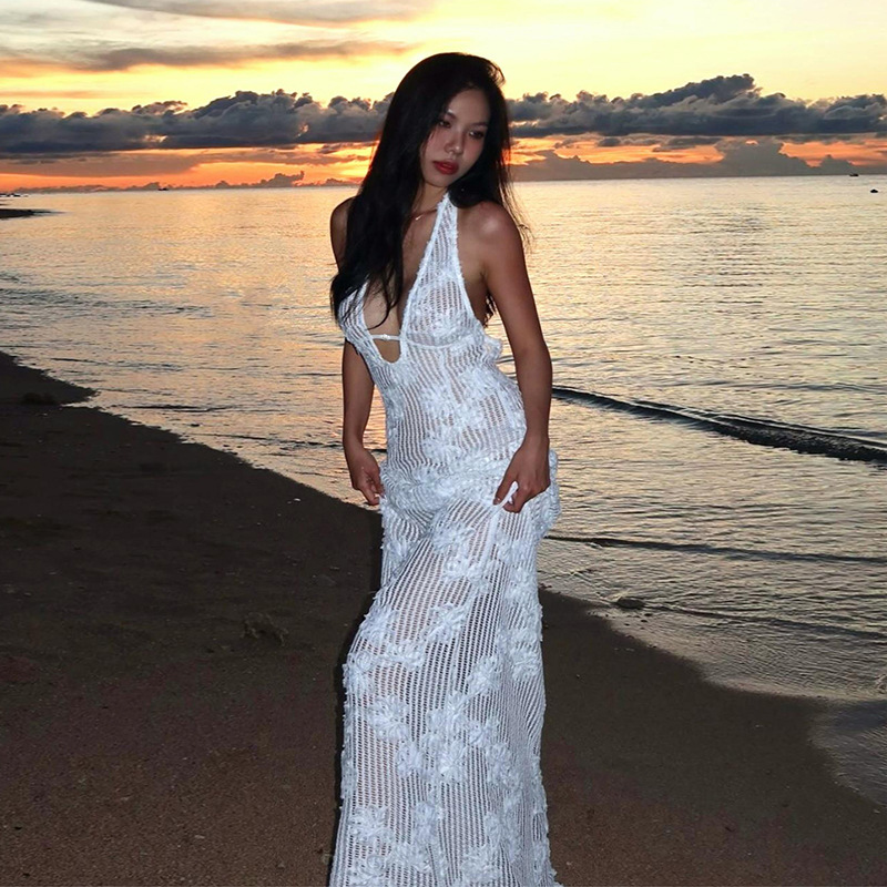 Women's Strapless Mermaid Dress 2025 Summer New European Style Jacquard Beach Dress