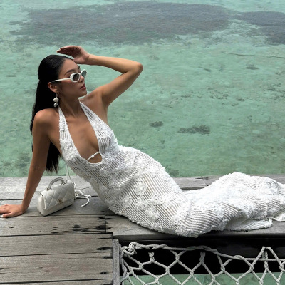 Women's Strapless Mermaid Dress 2025 Summer New European Style Jacquard Beach Dress 02