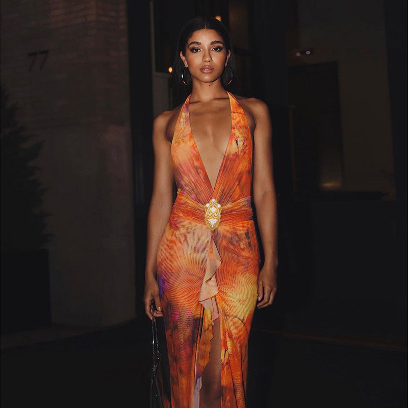 Women's Sunrise Ombre Maxi Dress Colorful Gradient Chiffon Halter Neck V-Neck Ruffle Slit Dress