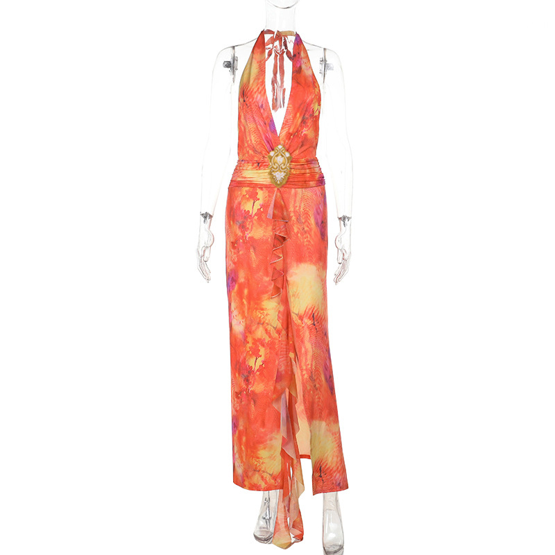 Women's Sunrise Ombre Maxi Dress Colorful Gradient Chiffon Halter Neck V-Neck Ruffle Slit Dress