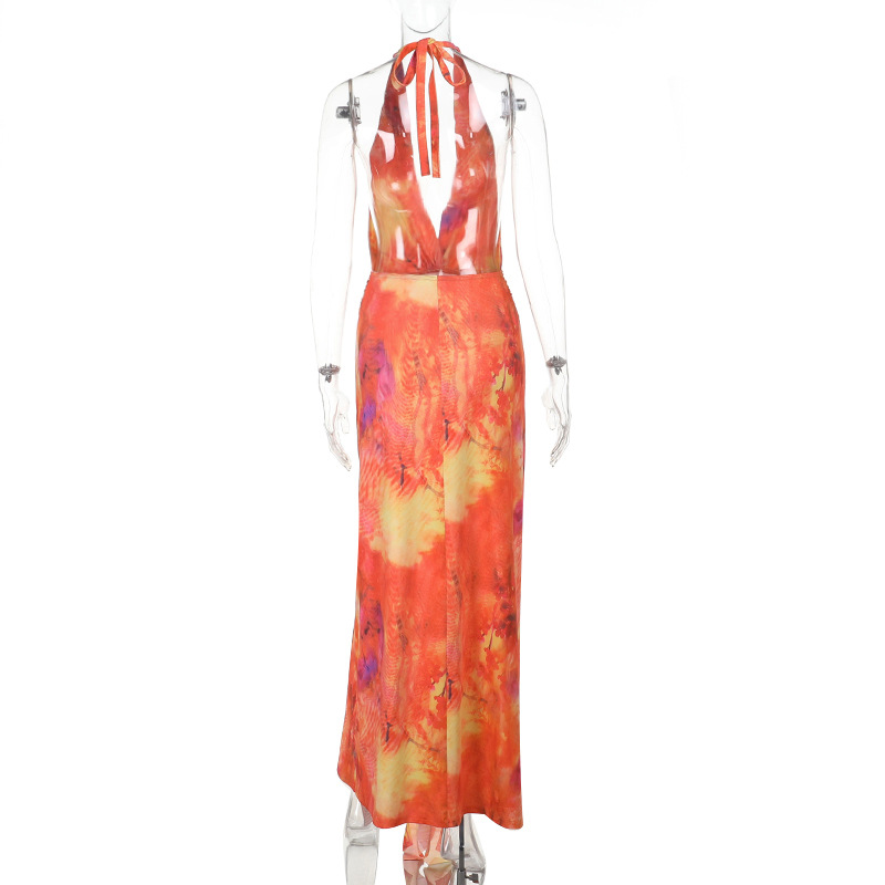 Women's Sunrise Ombre Maxi Dress Colorful Gradient Chiffon Halter Neck V-Neck Ruffle Slit Dress