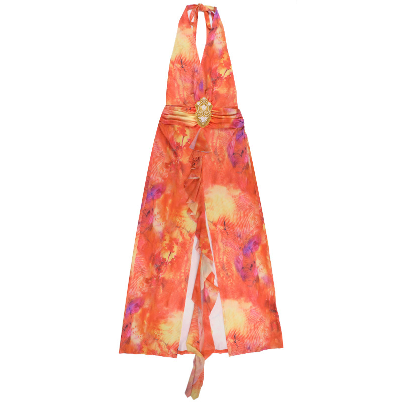 Women's Sunrise Ombre Maxi Dress Colorful Gradient Chiffon Halter Neck V-Neck Ruffle Slit Dress