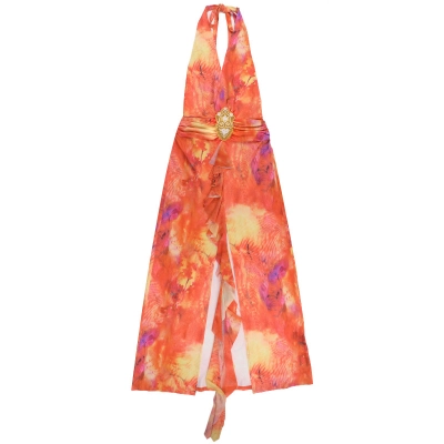 Women's Sunrise Ombre Maxi Dress Colorful Gradient Chiffon Halter Neck V-Neck Ruffle Slit Dress 01