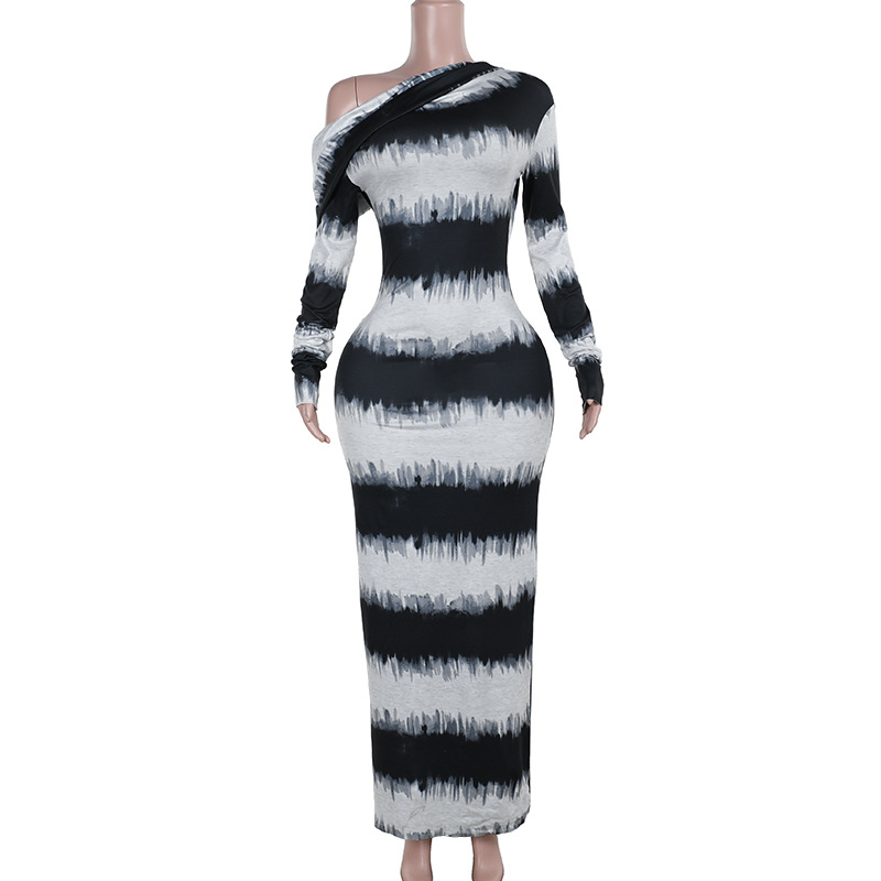 Asymmetrical One-Shoulder Draped Collar Long Sleeve  Abstract Watercolor Black & White Striped Maxi Dress