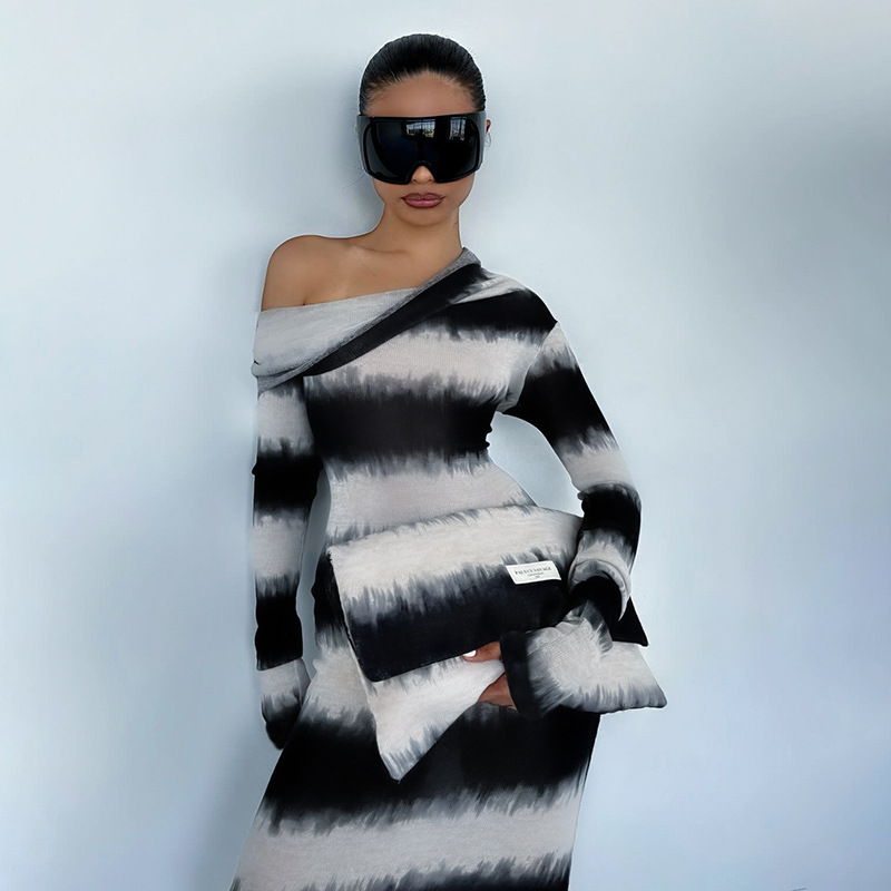Asymmetrical One-Shoulder Draped Collar Long Sleeve  Abstract Watercolor Black & White Striped Maxi Dress
